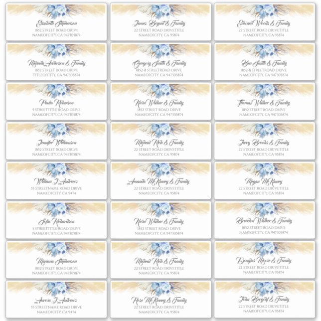 Pampas Grass Dusty Blue Guest Names Address Labels (Front)
