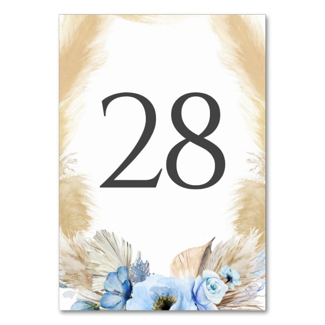 Pampas Grass Dusty Blue Wedding Table Number Cards (Front)