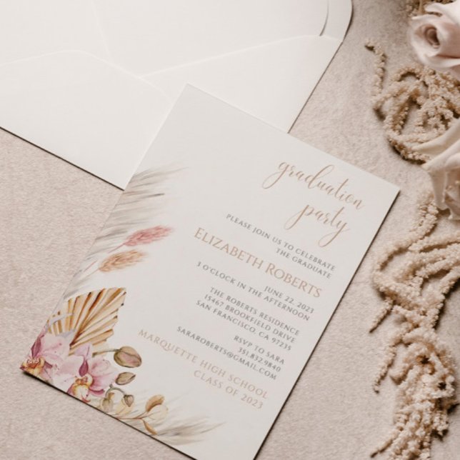 Pampas Grass Dusty Pink Floral Graduation Party Invitation (Creator Uploaded)