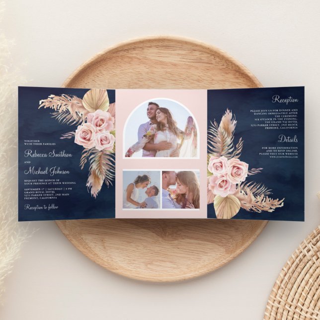 Pampas Grass Dusty Pink Roses Navy Blue Wedding Tri-Fold Invitation (Creator Uploaded)