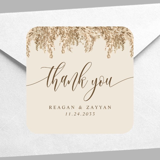 Pampas Grass Earthy Boho Exotic Wedding Thank You Square Sticker (Creator Uploaded)
