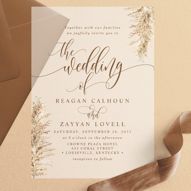 Pampas Grass Earthy Exotic Calligraphy Wedding Vellum Invitations (Creator Uploaded)