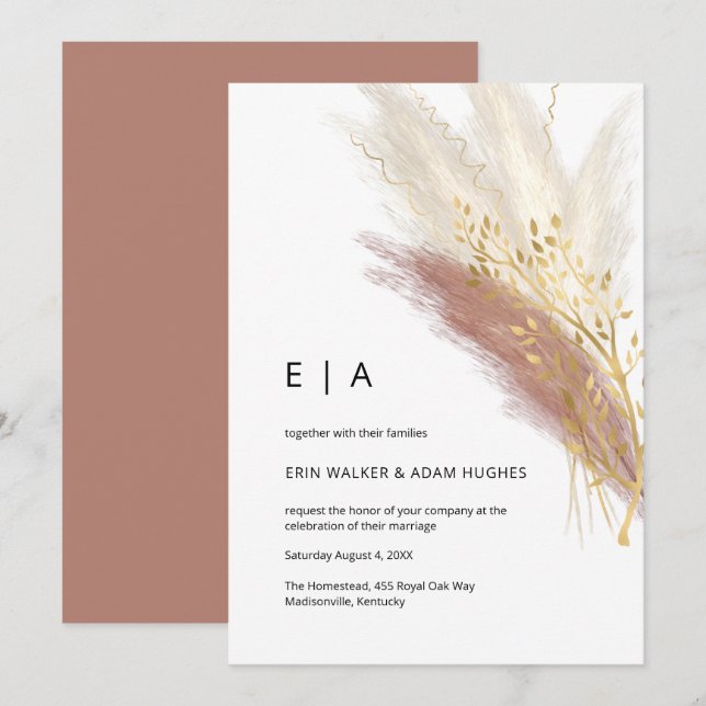 Pampas Grass Elegant Monogram Boho Pink Gold  Invitation (Front/Back)