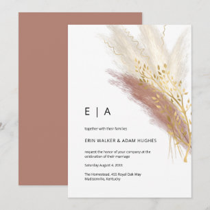 Pampas Grass Elegant Monogram Boho Pink Gold  Invitation