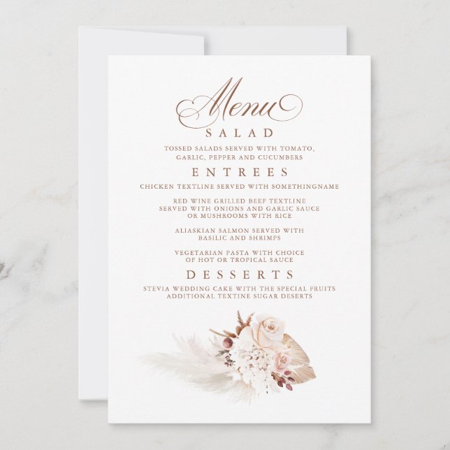 Pampas Grass Elegant Soft Wedding Menu Invitation (Front)