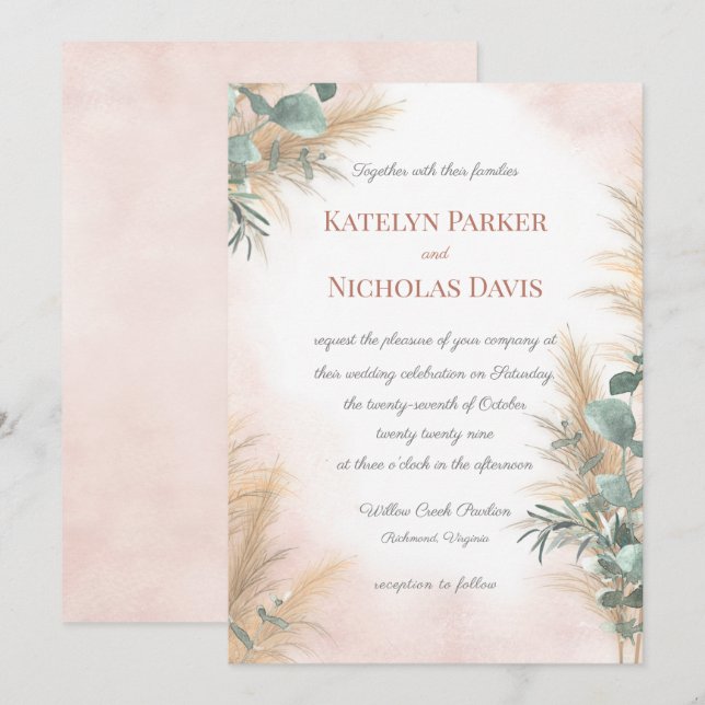 Pampas Grass Eucalyptus Greenery Boho Wedding Invi Invitation (Front/Back)