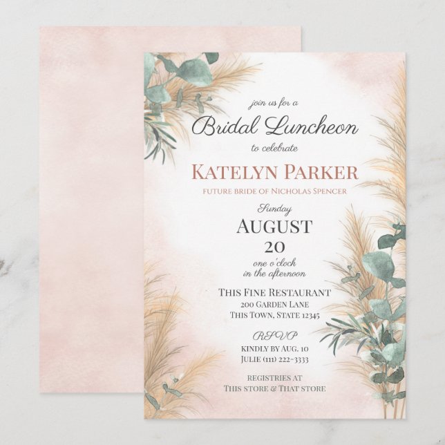 Pampas Grass Eucalyptus Greenery Bridal Luncheon   Invitation (Front/Back)