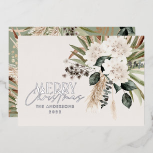 Pampas grass eucalyptus moody modern sage green foil holiday card