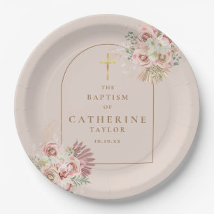 Pampas Grass Floral Baptism Christening Paper Plate