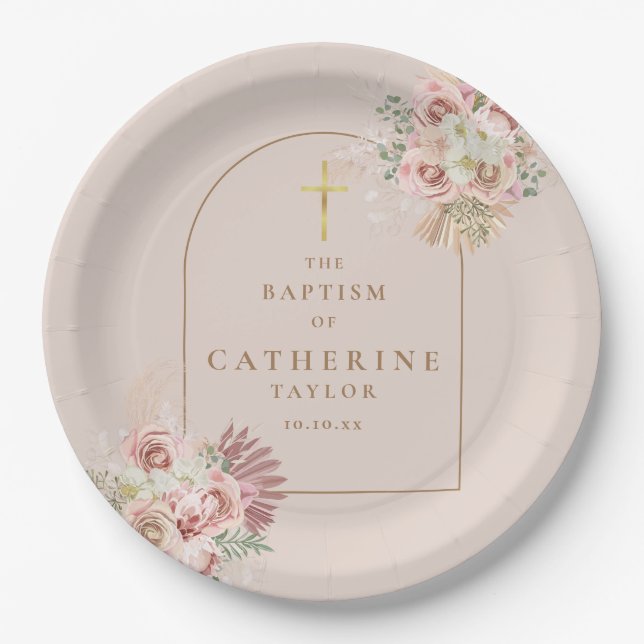 Pampas Grass Floral Baptism Christening Paper Plate (Front)