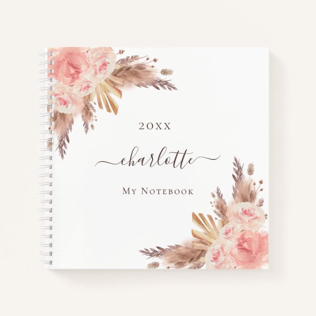 Pampas grass floral blush rose gold name notebook (Front)
