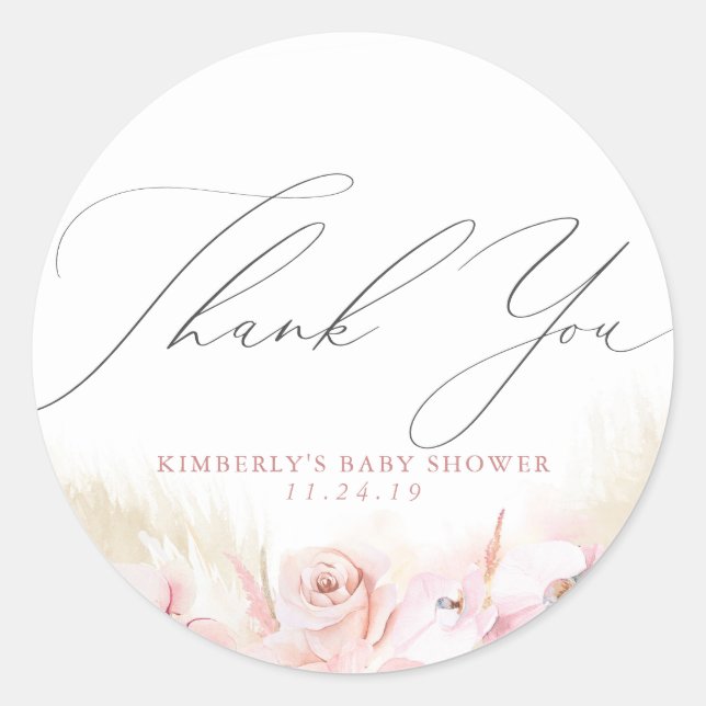 Pampas Grass Floral Boho Baby Shower Thank You Classic Round Sticker (Front)