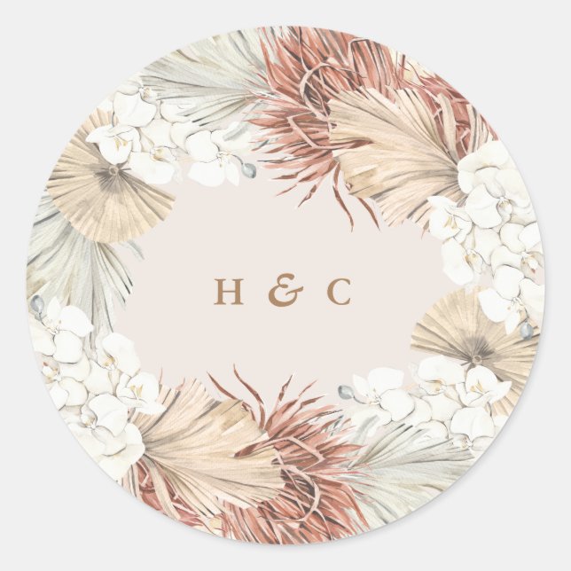 Pampas Grass Floral Bronze Soft Blush Wedding Classic Round Sticker (Front)
