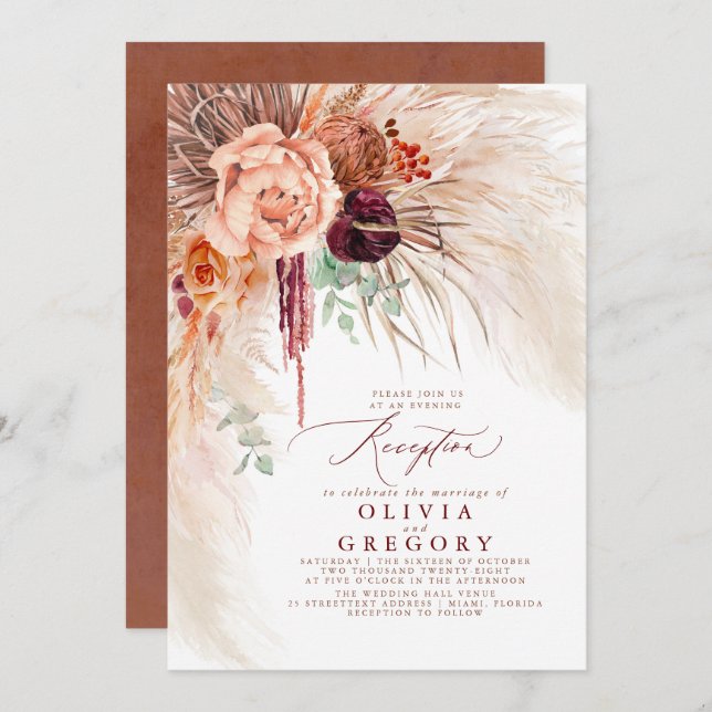 Pampas Grass Floral Burgundy Terracotta Reception Invitation (Front/Back)