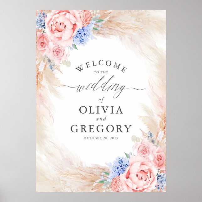 Pampas Grass Floral Dusty Blue Wedding Welcome Poster (Front)