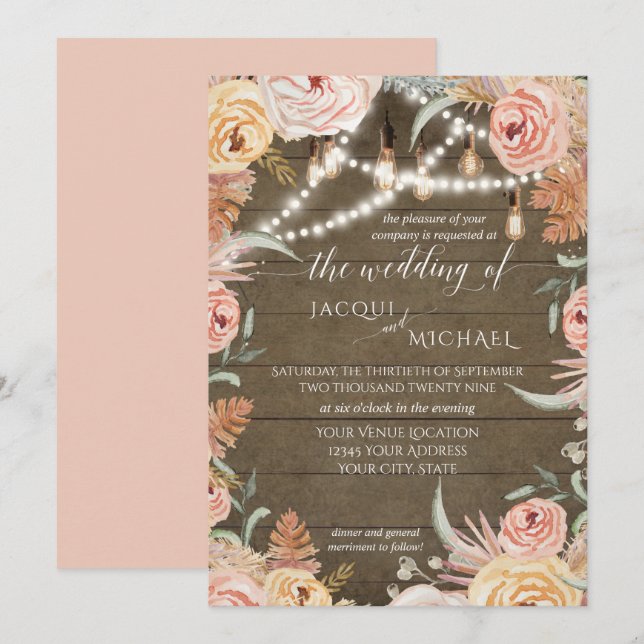 Pampas Grass Floral Edison Lights Rustic Wedding Invitation (Front/Back)