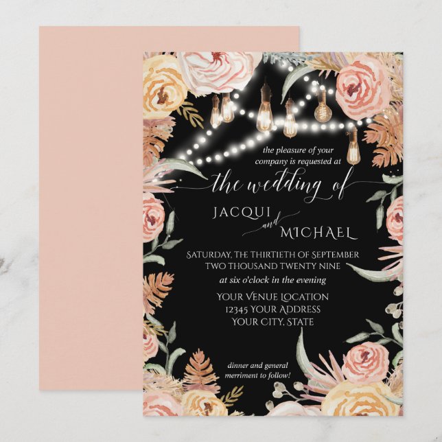Pampas Grass Floral Edison Twinkle Lights Wedding Invitation (Front/Back)