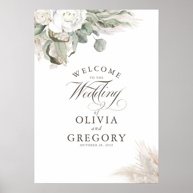 Pampas Grass Floral Elegant Fall Wedding Welcome Poster (Front)