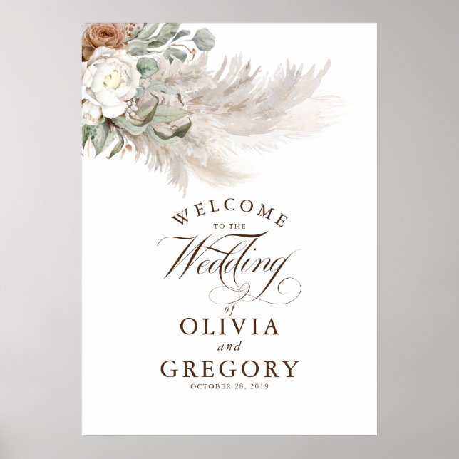 Pampas Grass Floral Elegant Fall Wedding Welcome Poster (Front)