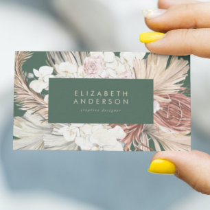 Pampas Grass Floral Emerald Green Cream Business Card