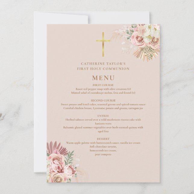 Pampas Grass Floral First Holy Communion Menu Invitation (Front)
