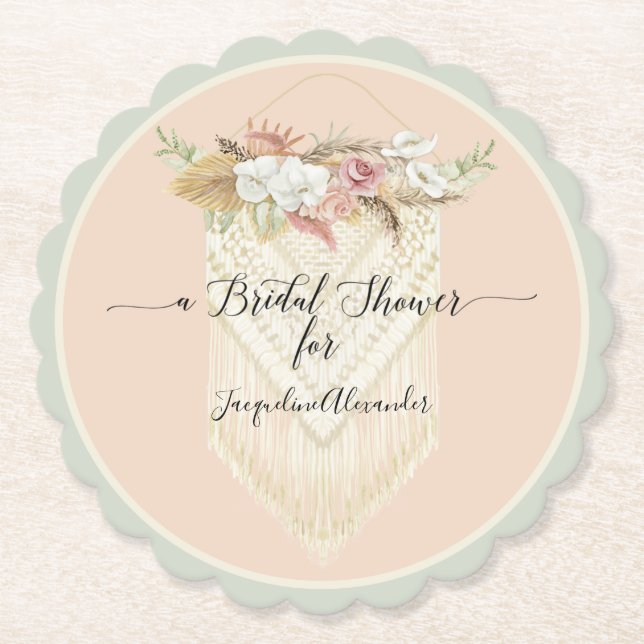 Pampas Grass Floral Greenery Macrame Bridal Shower Paper Coaster (Front)