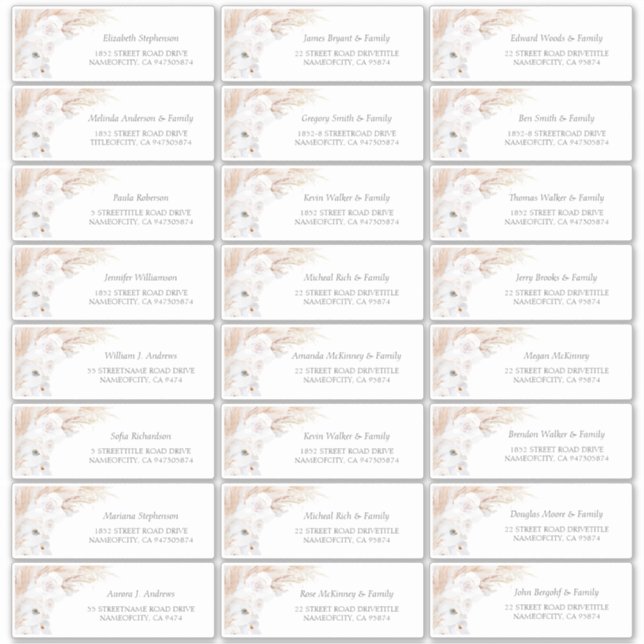 Pampas Grass Floral Guest Names Address Labels (Front)