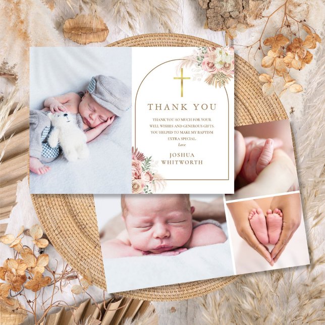 Pampas Grass Floral Photo Collage Baptism Thank You Card (Pampas Grass Floral Photo Collage Baptism Thank You Card)