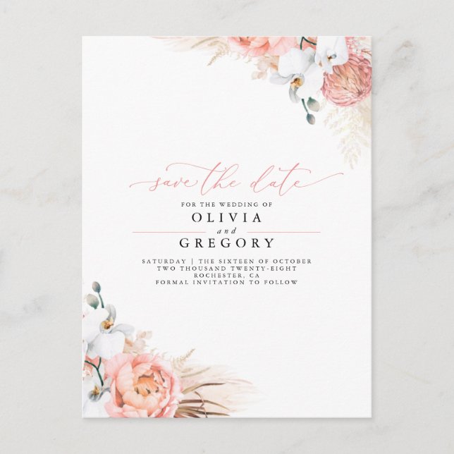 Pampas Grass Floral Pink Save the Date Announcement Postcard (Front)
