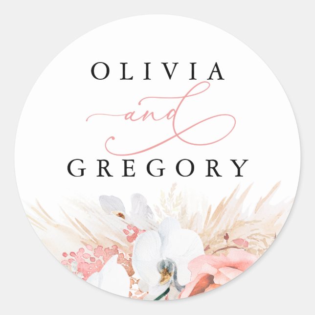 Pampas Grass Floral Pink Wedding Classic Round Sticker (Front)