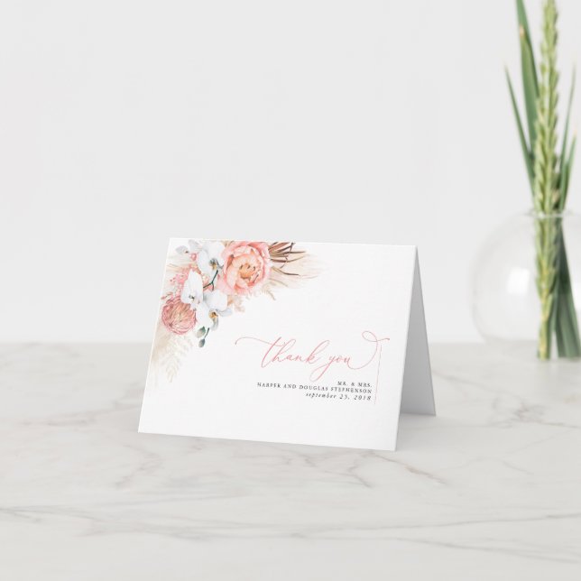 Pampas Grass Floral Pink Wedding Thank You Card (Front)