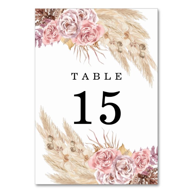 Pampas Grass Floral Purple Wedding Table Number (Front)