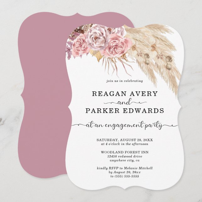 Pampas Grass Floral Rose and Purple Engagement Invitation (Front/Back)