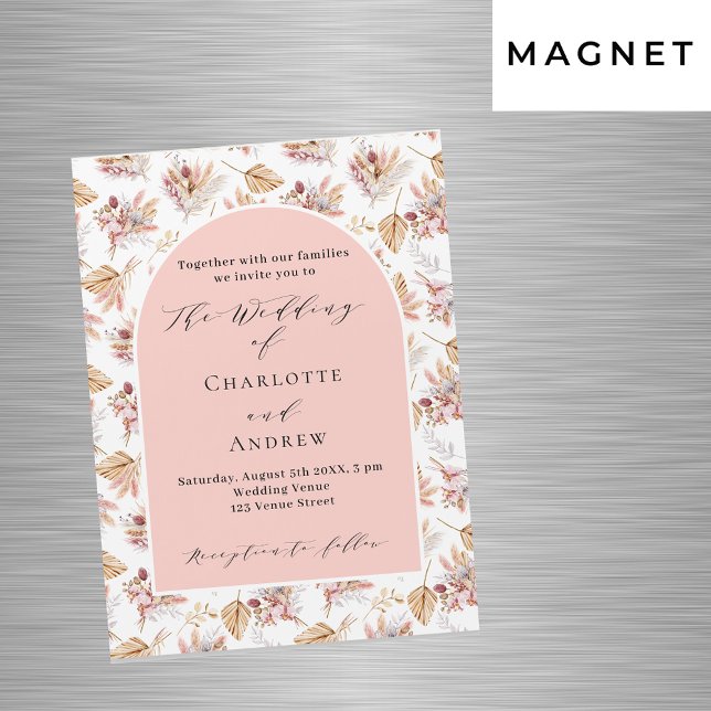 Pampas grass floral rose gold boho luxury wedding magnetic invitation (Creator Uploaded)