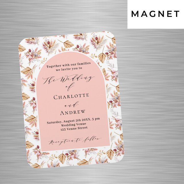 Pampas grass floral rose gold wedding invitation magnet (Creator Uploaded)