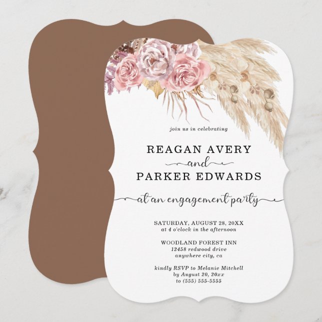Pampas Grass Floral Rose Purple Engagement Invitation (Front/Back)