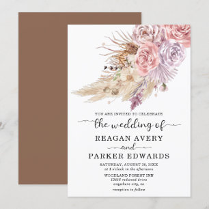 Pampas Grass Floral Rose Purple Wedding Invitation