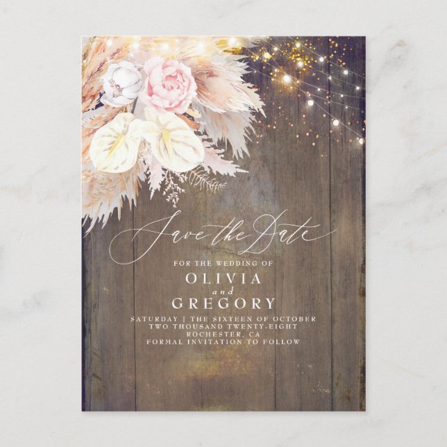 Pampas Grass Floral Rustic Wood Save The Date Announcement Postcard (Front)