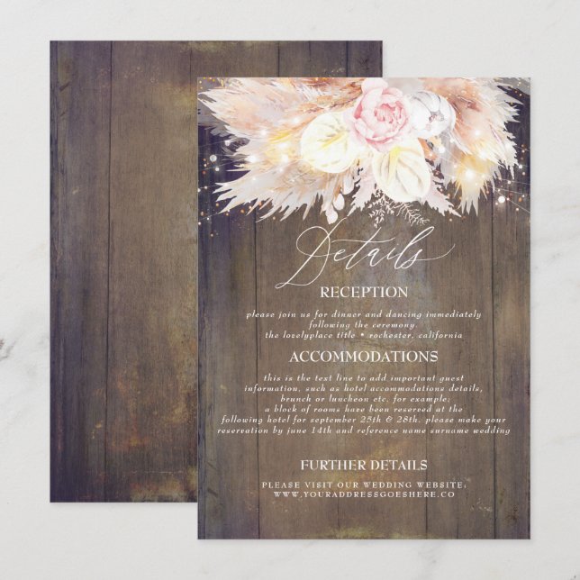 Pampas Grass Floral Rustic Wood Wedding Details Enclosure Card (Front/Back)