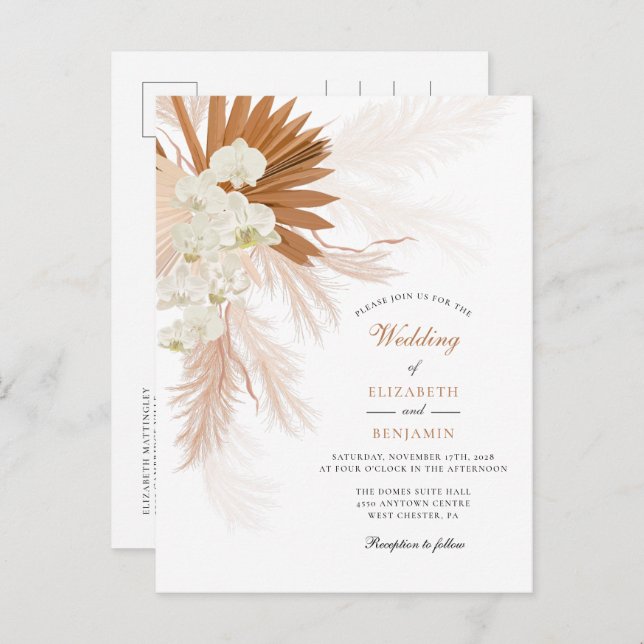 Pampas Grass Floral Tan Rustic Wedding Invitation Postcard (Front/Back)