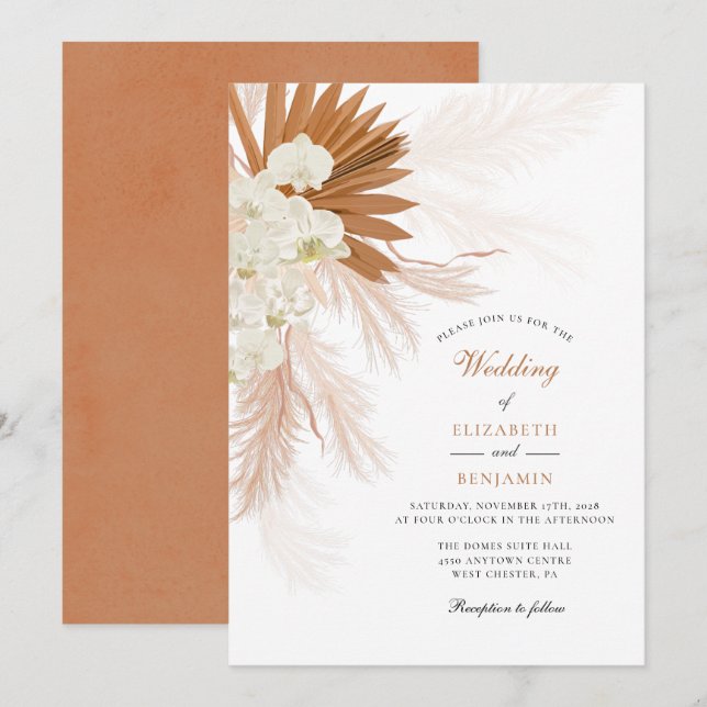 Pampas Grass Floral Tan Wedding Invitation (Front/Back)