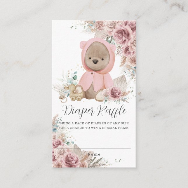 Pampas Grass Floral Teddy Bear Baby Diaper Raffle Enclosure Card (Front)