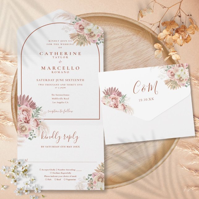 Pampas Grass Floral Terracotta Arch Wedding All In One Invitation (Pampas Grass Floral Terracotta Arch Wedding All In All In One Invitation)
