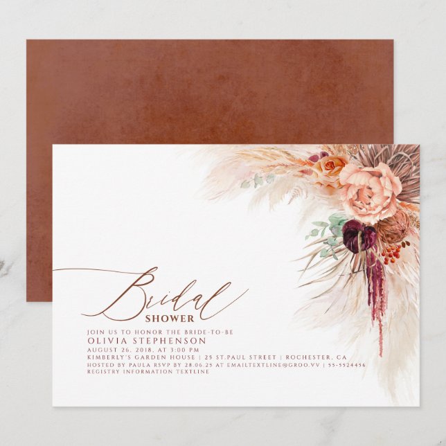 Pampas Grass Floral Terracotta Bridal Shower Invitation (Front/Back)