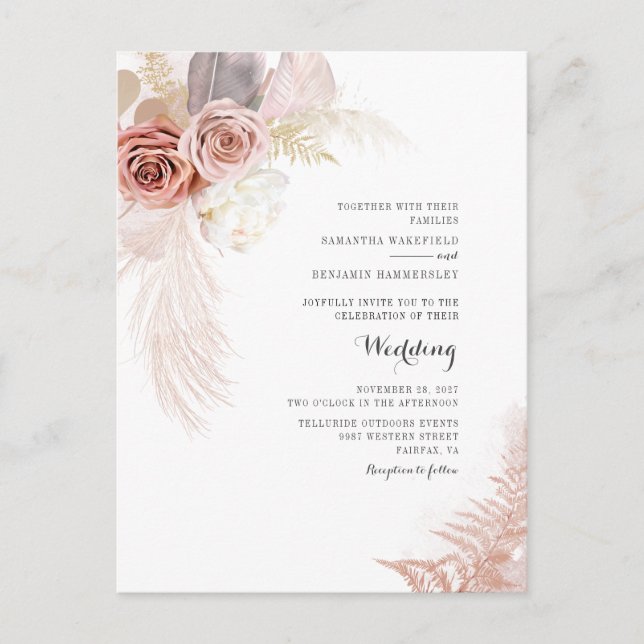 Pampas Grass Floral Terracotta Dried Palms Wedding Invitation Postcard (Front)