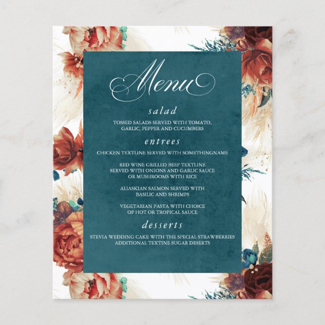 Pampas Grass Floral Terracotta Teal Blue Menu (Front)