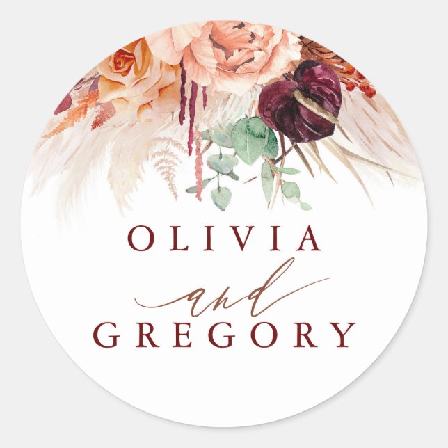 Pampas Grass Floral Terracotta Wedding Classic Round Sticker (Front)