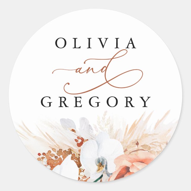 Pampas Grass Floral Terracotta Wedding Classic Round Sticker (Front)