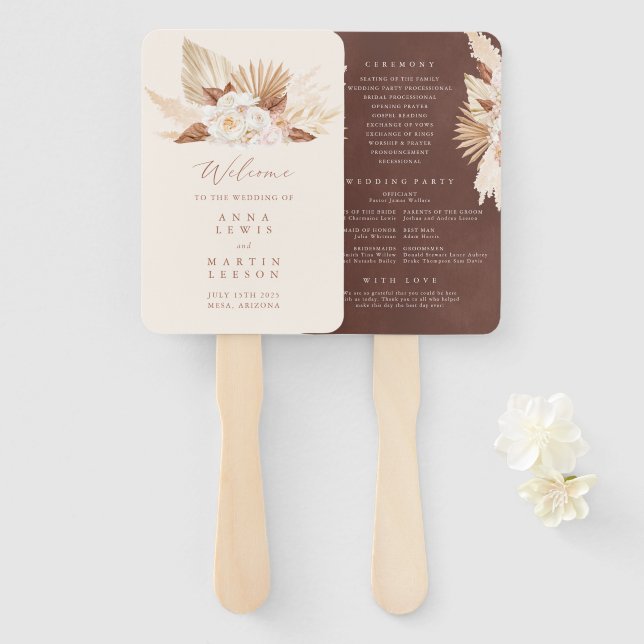 Pampas Grass Floral Terracotta Wedding Program Hand Fan (Front and Back)