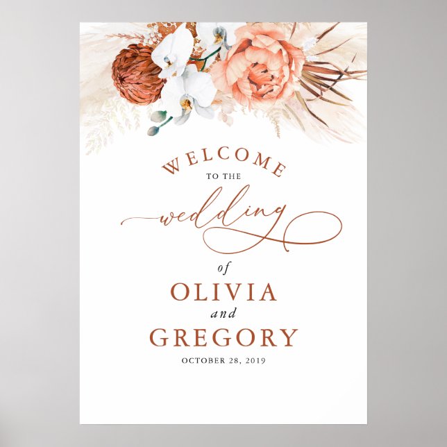 Pampas Grass Floral Terracotta Wedding Welcome Poster (Front)